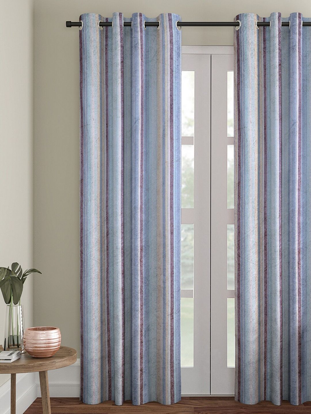 ROMEE Blue & Purple Striped Room Darkening Door Curtain Price in India