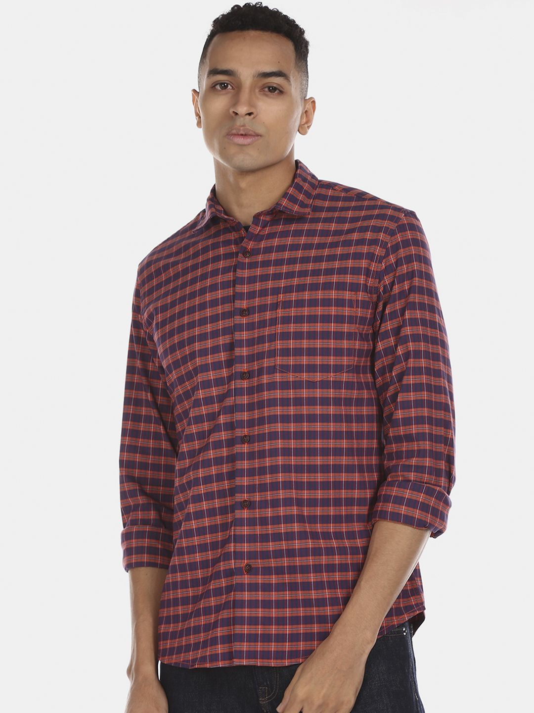 Ruggers Men Orange & Purple Regular Fit Checked Casual Shirt