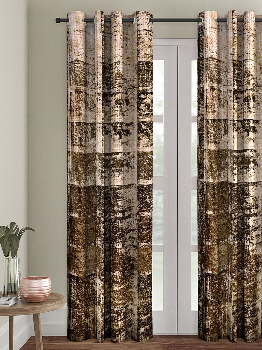 ROMEE Beige & Brown Abstract Printed Velvet Room Darkening Door Single Curtain Price in India