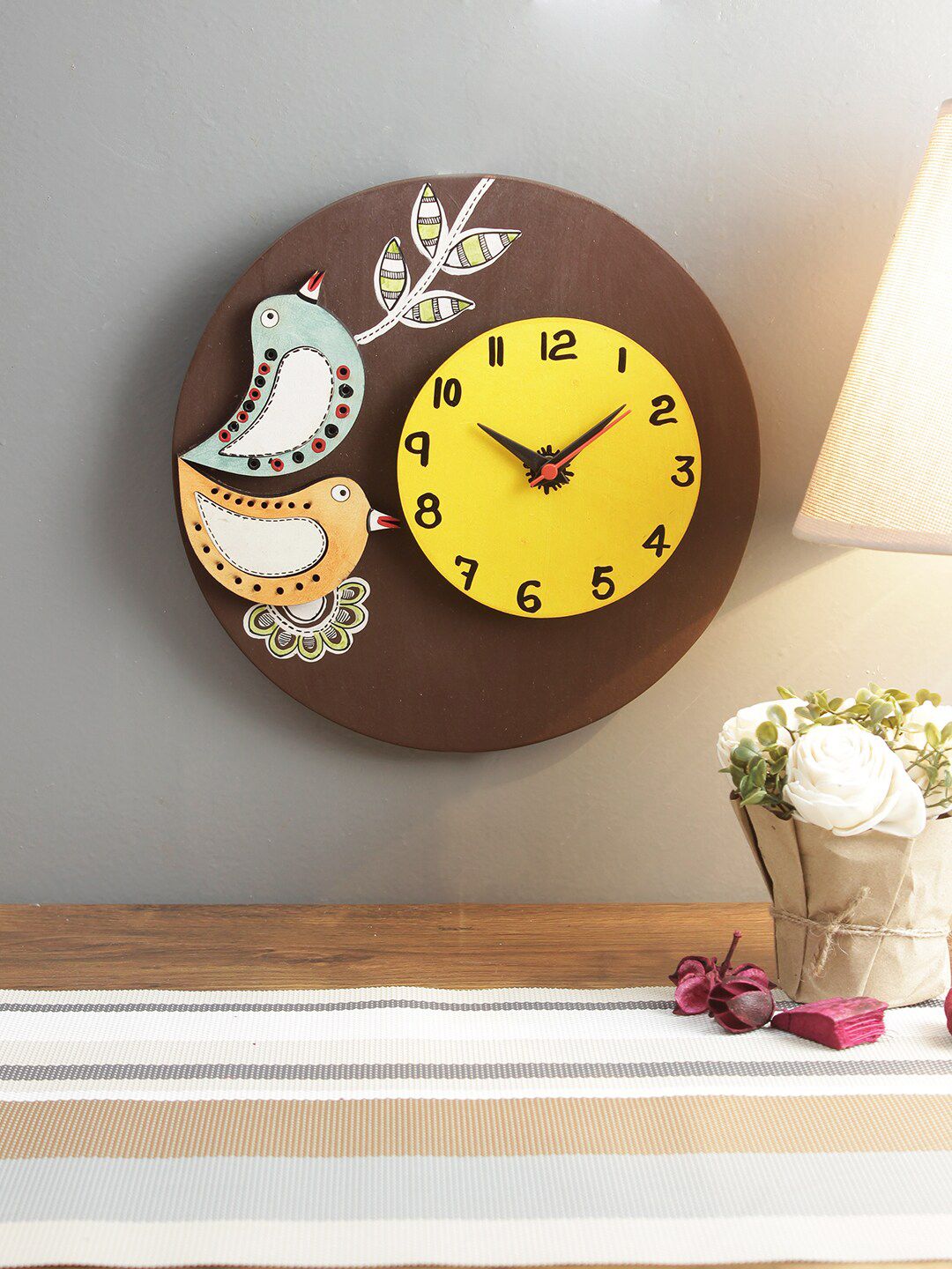 Aapno Rajasthan Brown & Yellow Printed Handpainted Round Wooden Wall Clock Price in India
