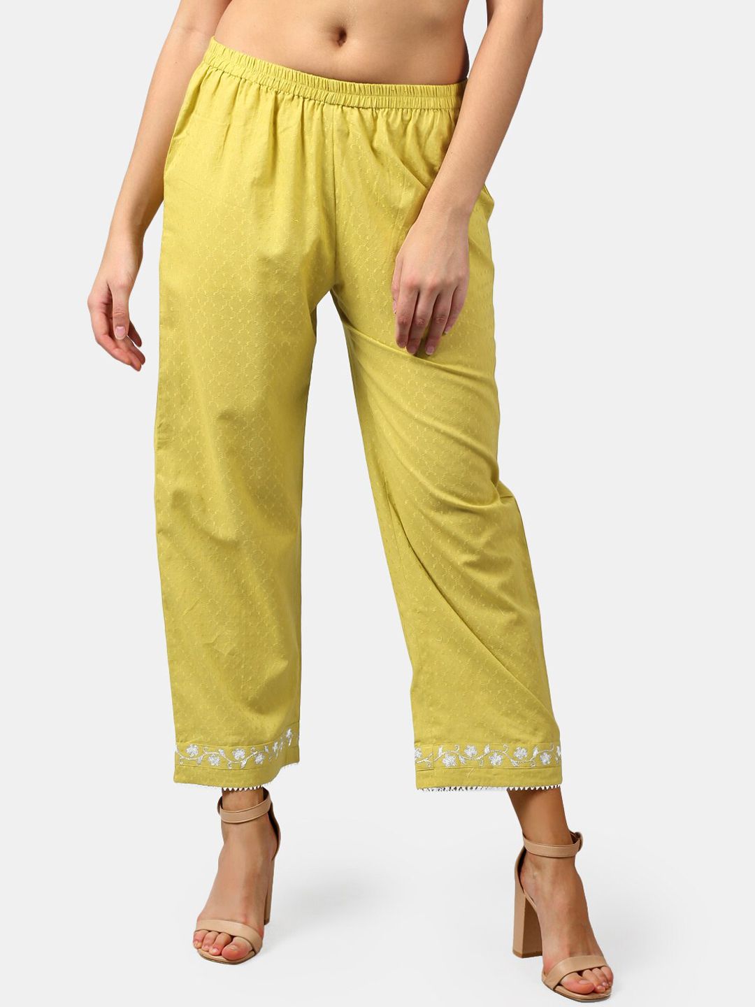 DART STUDIO Women Olive Green & Silver Coloured Embroidered Straight-Fit Sustainable Palazzos Price in India