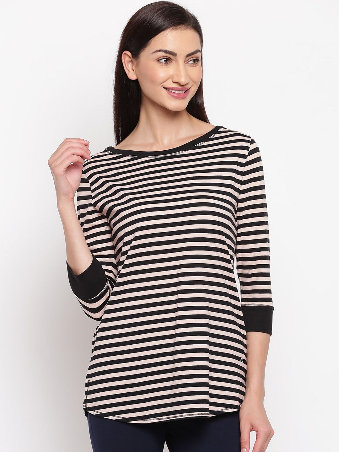 Enamor Women Black Striped Round Neck T-shirt