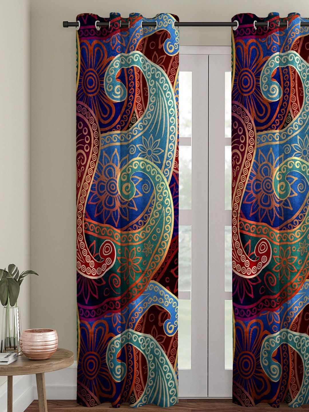 ROMEE Blue & Red Ethnic Motifs Single Room Darkening Door Curtain Price in India