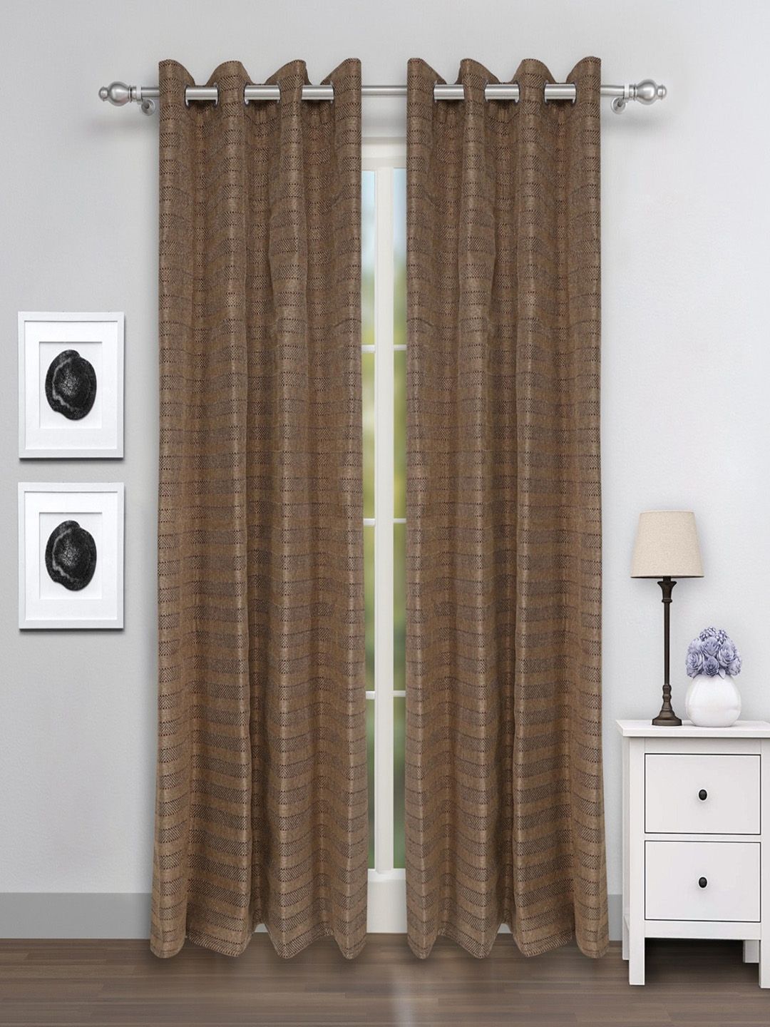 ROMEE Set Of 2 Brown Striped Room Darkening Door Curtains Price in India