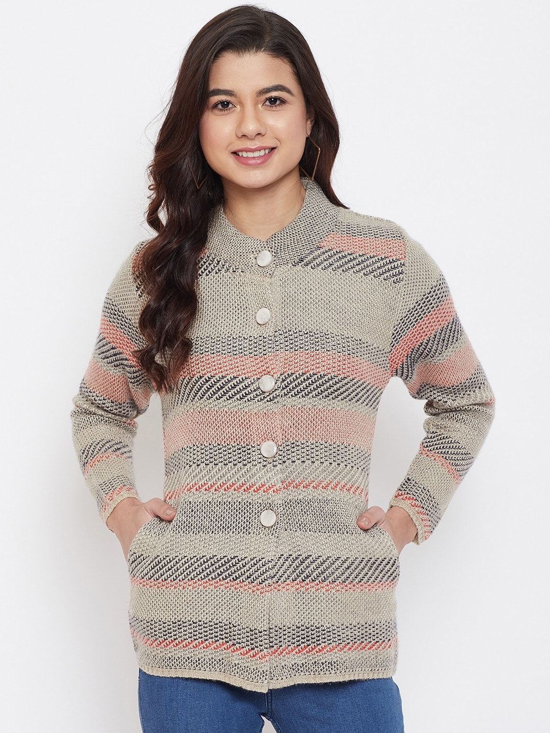 Zigo Women Grey & Peach-Coloured Self-Design Cardigan Sweater Price in India