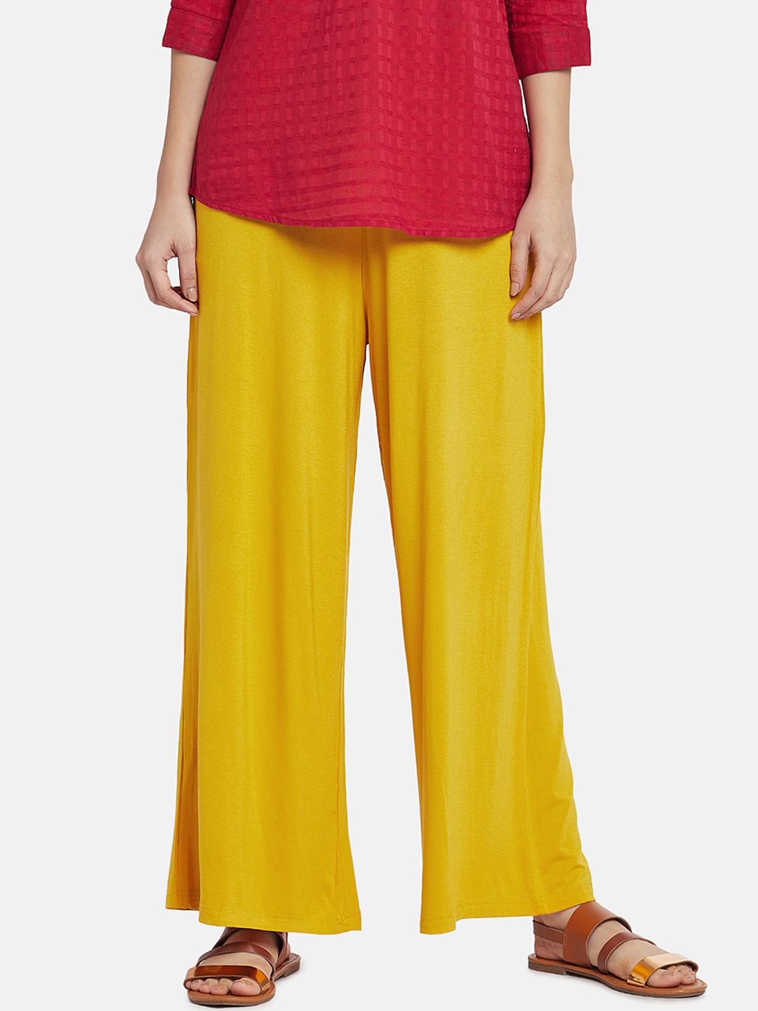 Go Colors Women Yellow Solid Wide Leg Palazzos Price in India