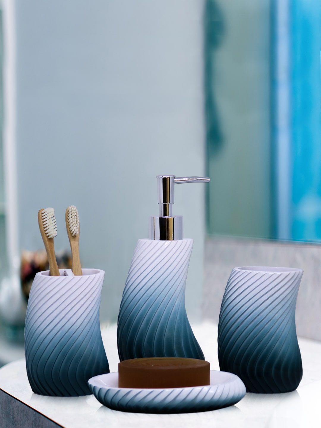 Shresmo Set of 4 Blue & White Textured Bath Accessories Price in India