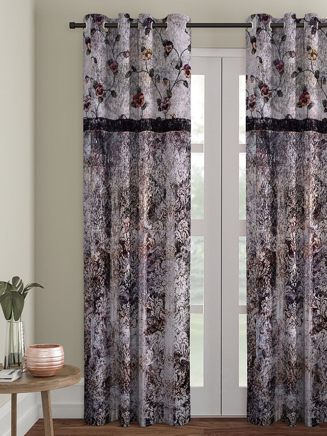 ROMEE Brown & Grey Floral Print Velvet Room Darkening Door Curtain Price in India