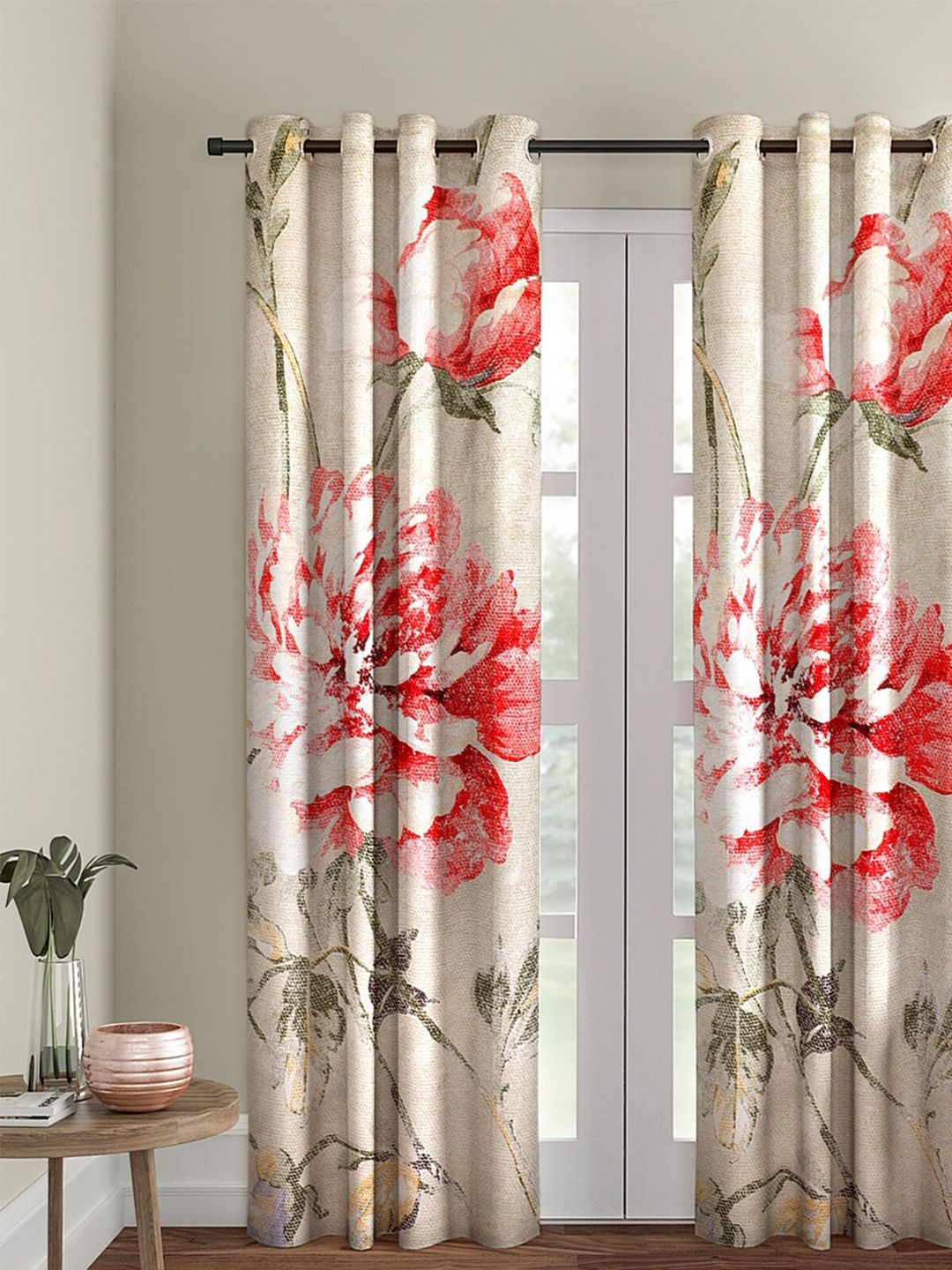 ROMEE Beige & Pink Floral Printed Room Darkening Door Curtain Price in India