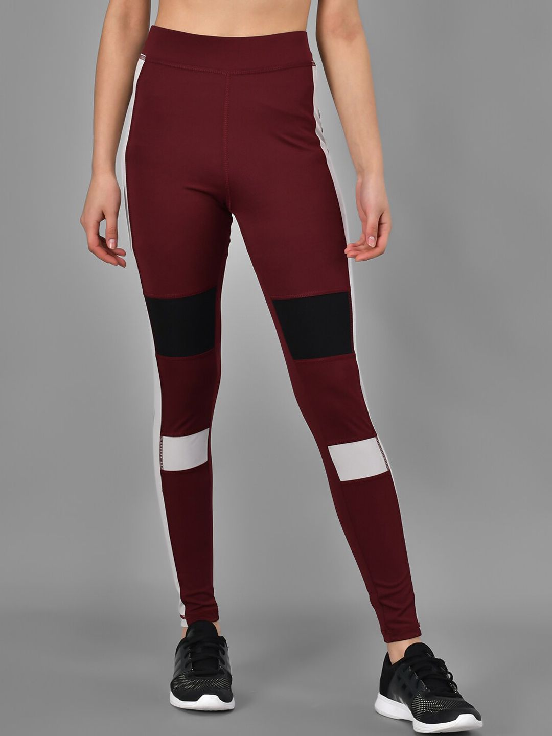 Kotty Women Maroon & Grey Colourblocked Training Or Gym Tights Price in India