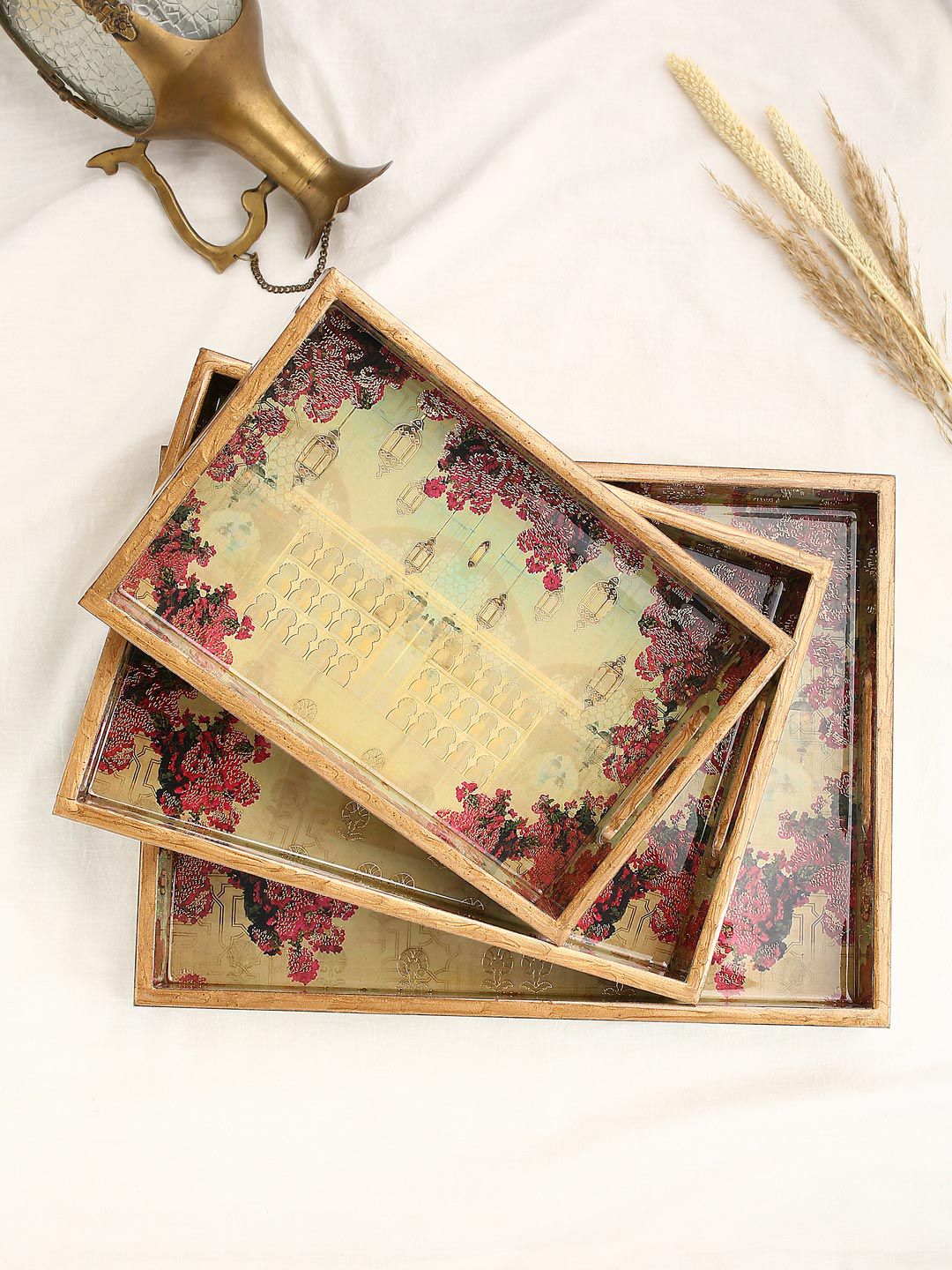 Tistabene Set Of 3 Yellow & Red Printed Botanica Trays Price in India