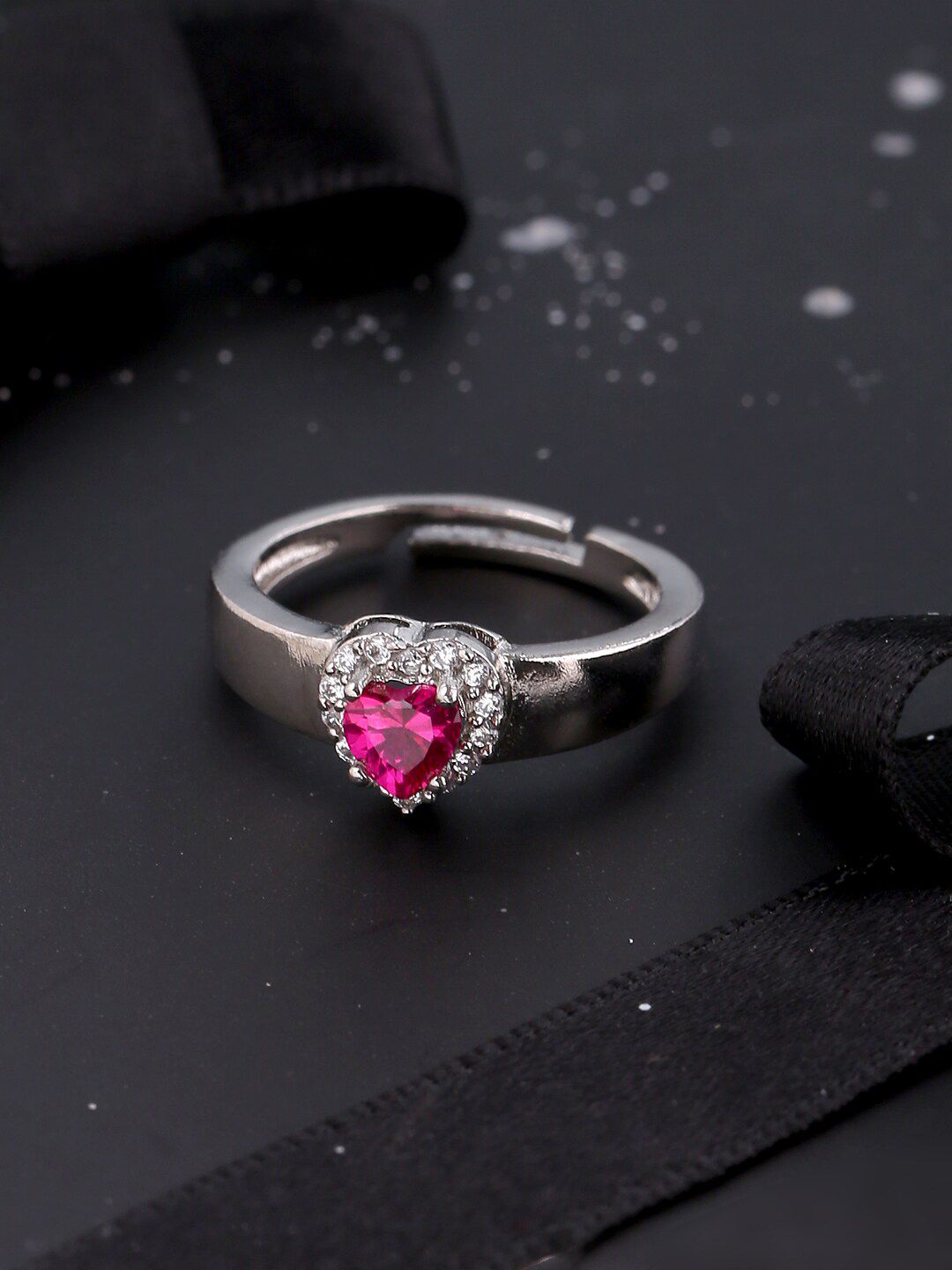 Studio Voylla Silver-Plated White & Pink CZ Studded Love Knots Adjustable finger Ring Price in India