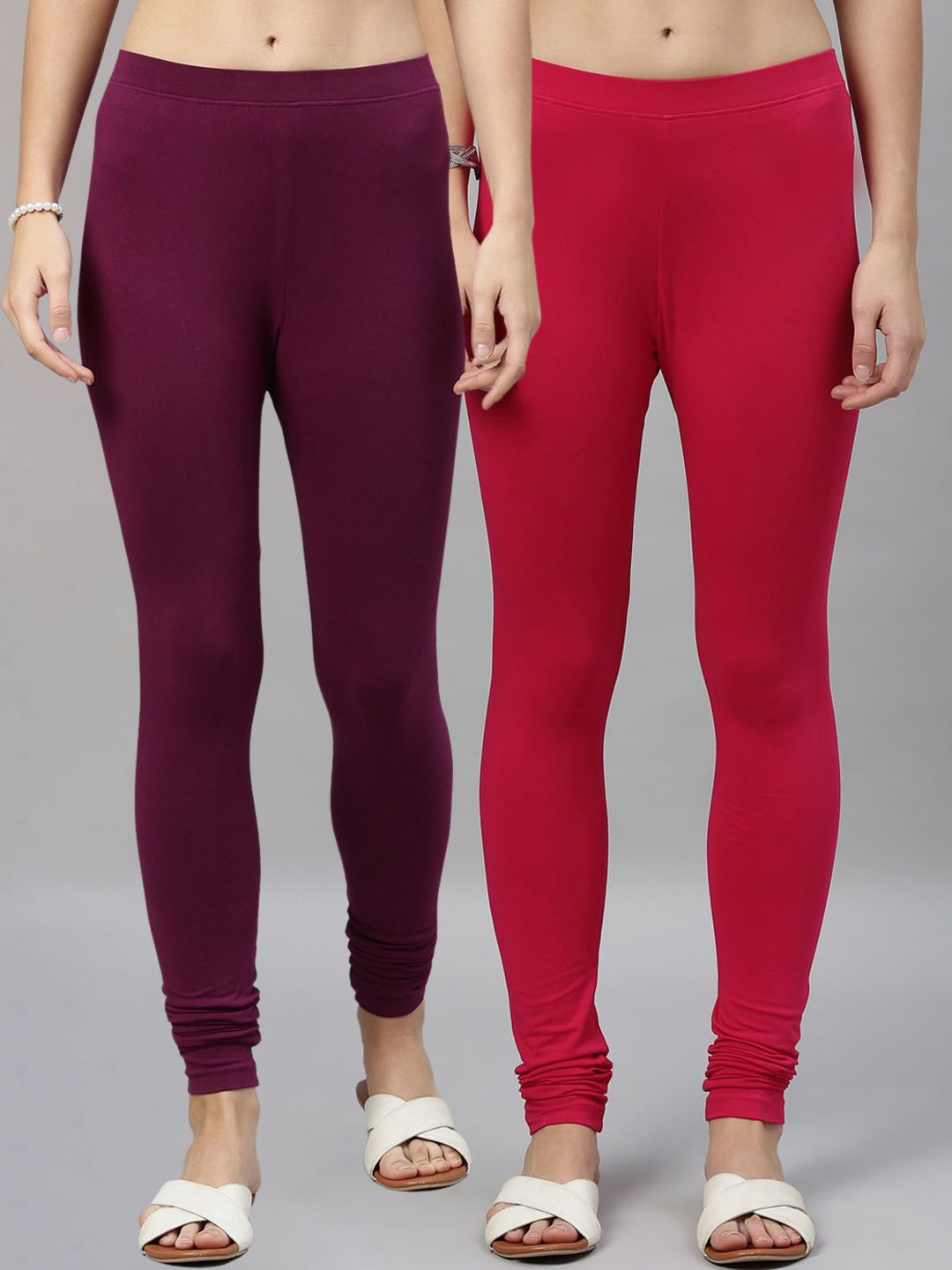 Kryptic Women Pack Of 2 Pink & Burgundy Solid Churidar-Length Leggings Price in India
