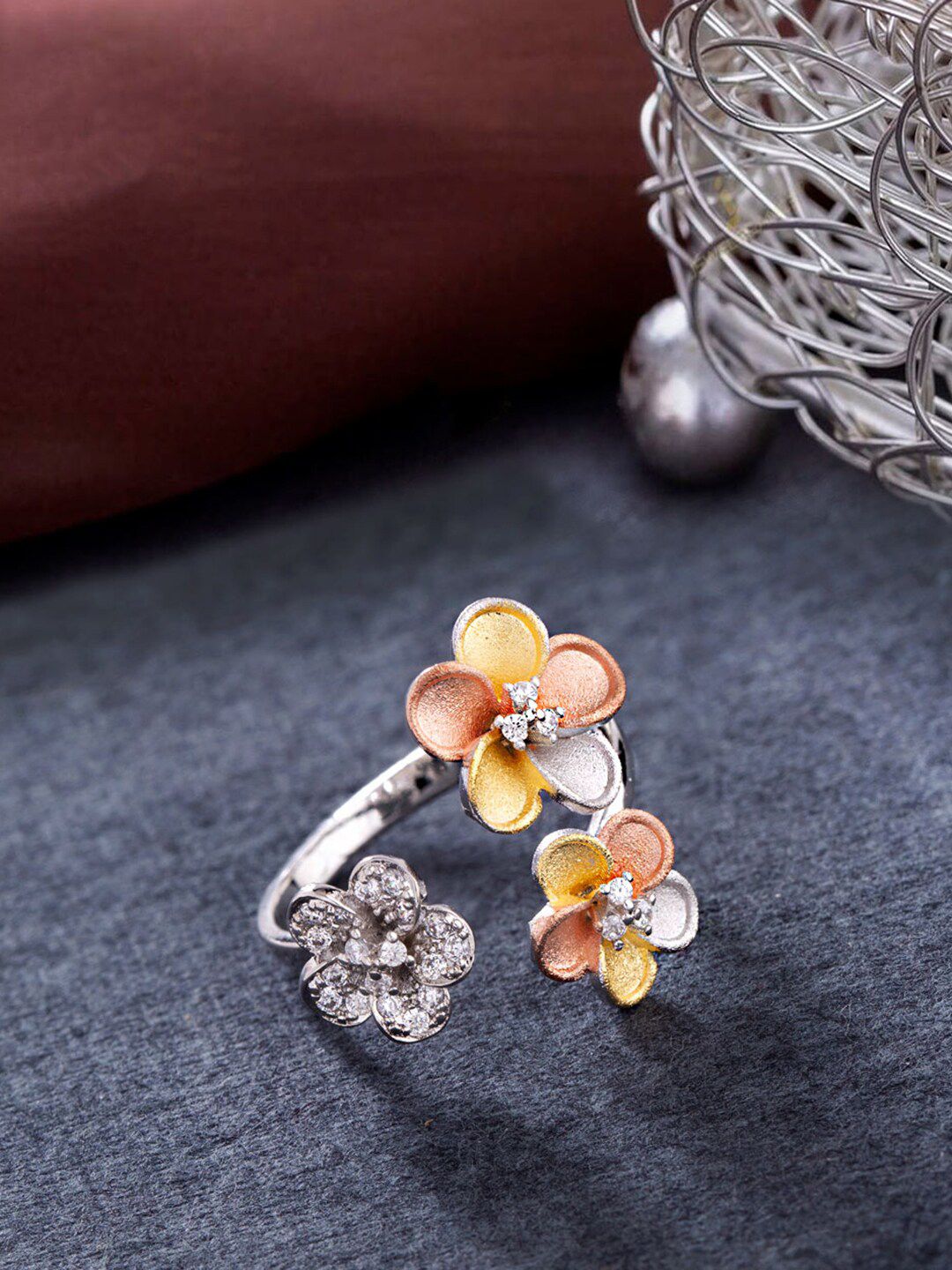 Voylla Silver-Toned & Gold-Toned AD-Studded Floral Open Finger Ring Price in India