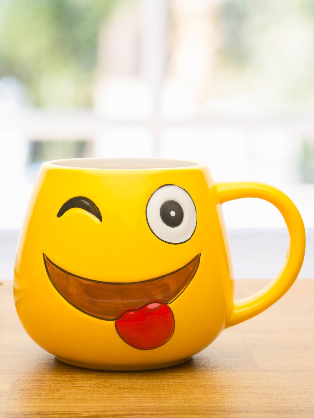 Bigsmall Yellow & Brown Emoji Tongue Wink Sustainable Coffee Mug Price in India