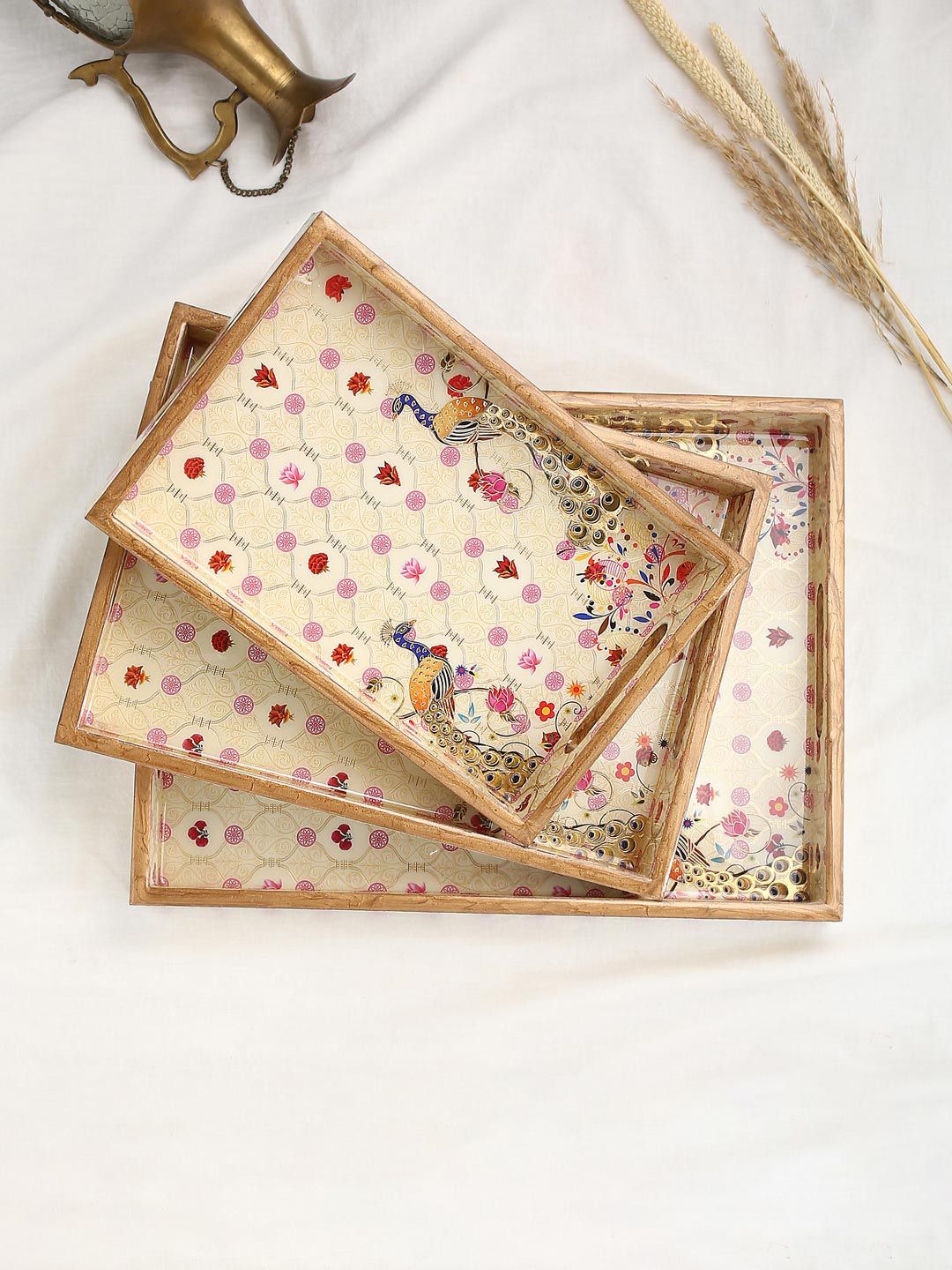 Tistabene Set Of 3 Yellow & Pink Printed Trays Price in India