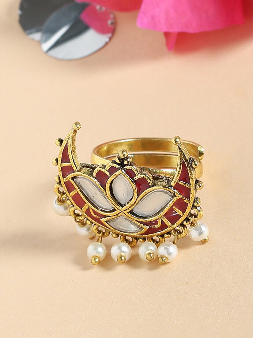 Studio Voylla Oxidized Gold-Plated Red & White Pearl Beaded & Enameled Adjustable Finger Ring Price in India
