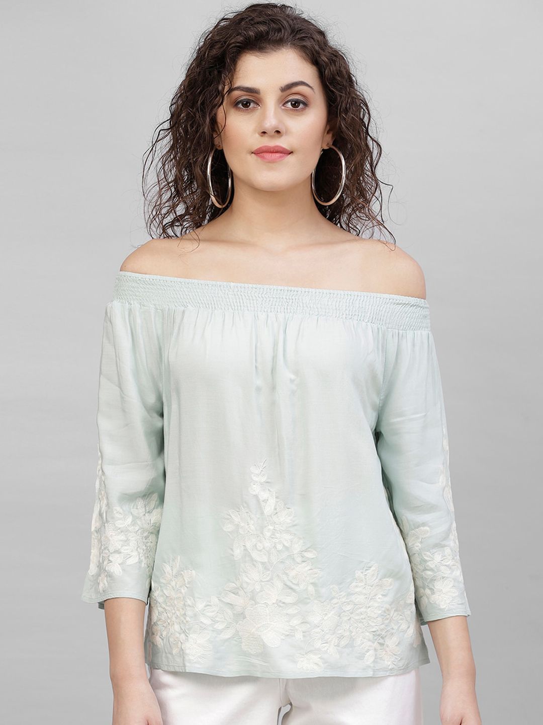 Gipsy Women Blue Embroidered Bardot Top Price in India