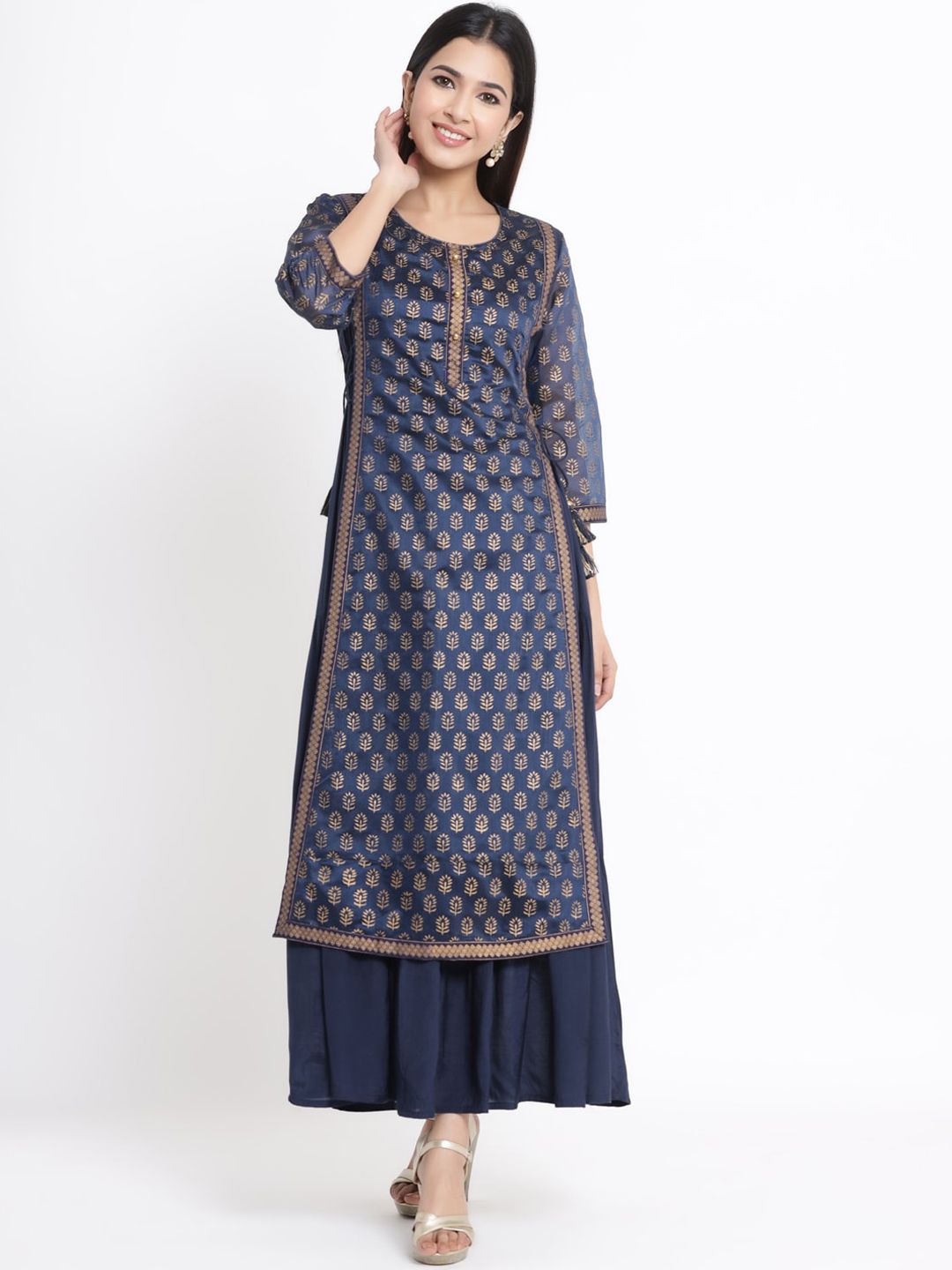 Juniper Women Navy Blue Printed Maxi Dress With Matching Purse & Hairband Price in India