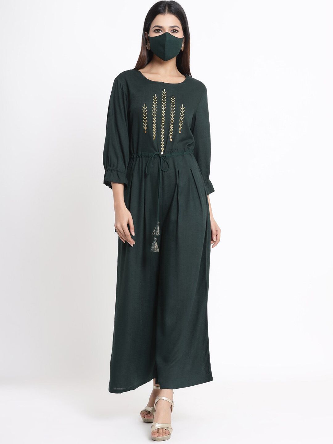 Juniper Women Green & Gold-Colour Embroidered Basic Jumpsuit Price in India