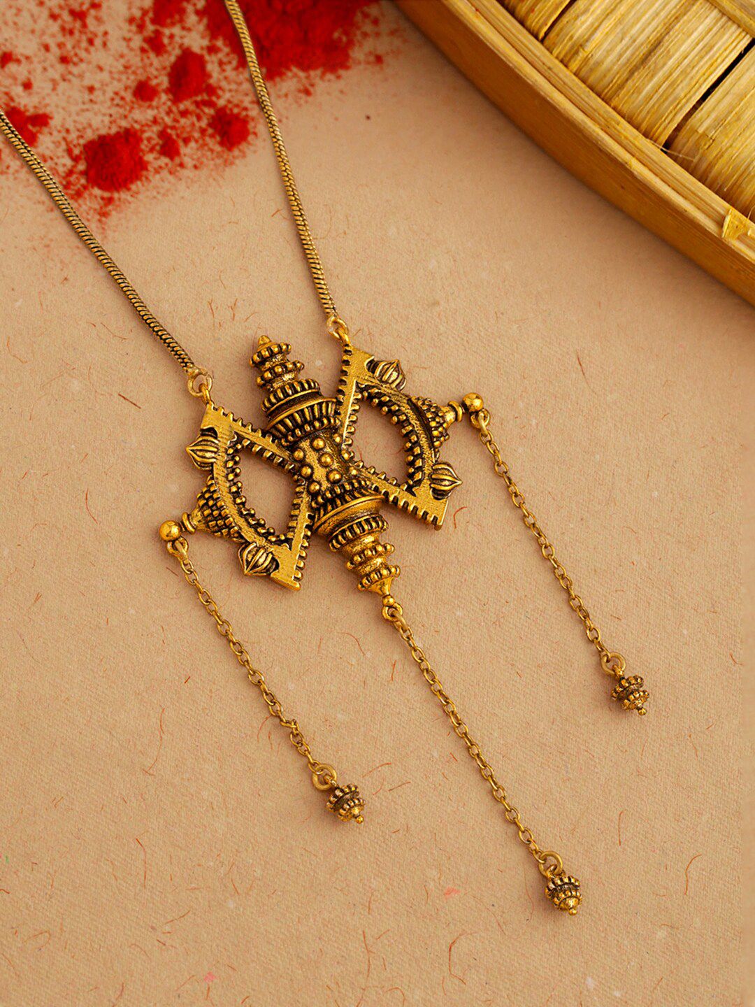 Voylla Gold-Plated Temple Of Love Tasselled Drop Statement Necklace Price in India