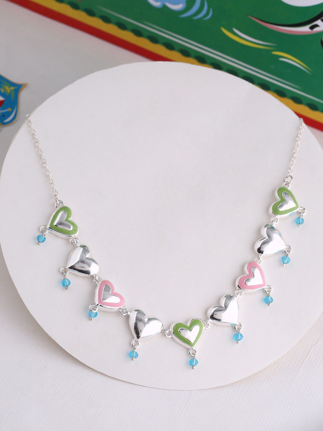 Studio Voylla Silver-Plated Pink & Green Enamelled Truck Art Mirror Work Hearts Motifs Necklace Price in India