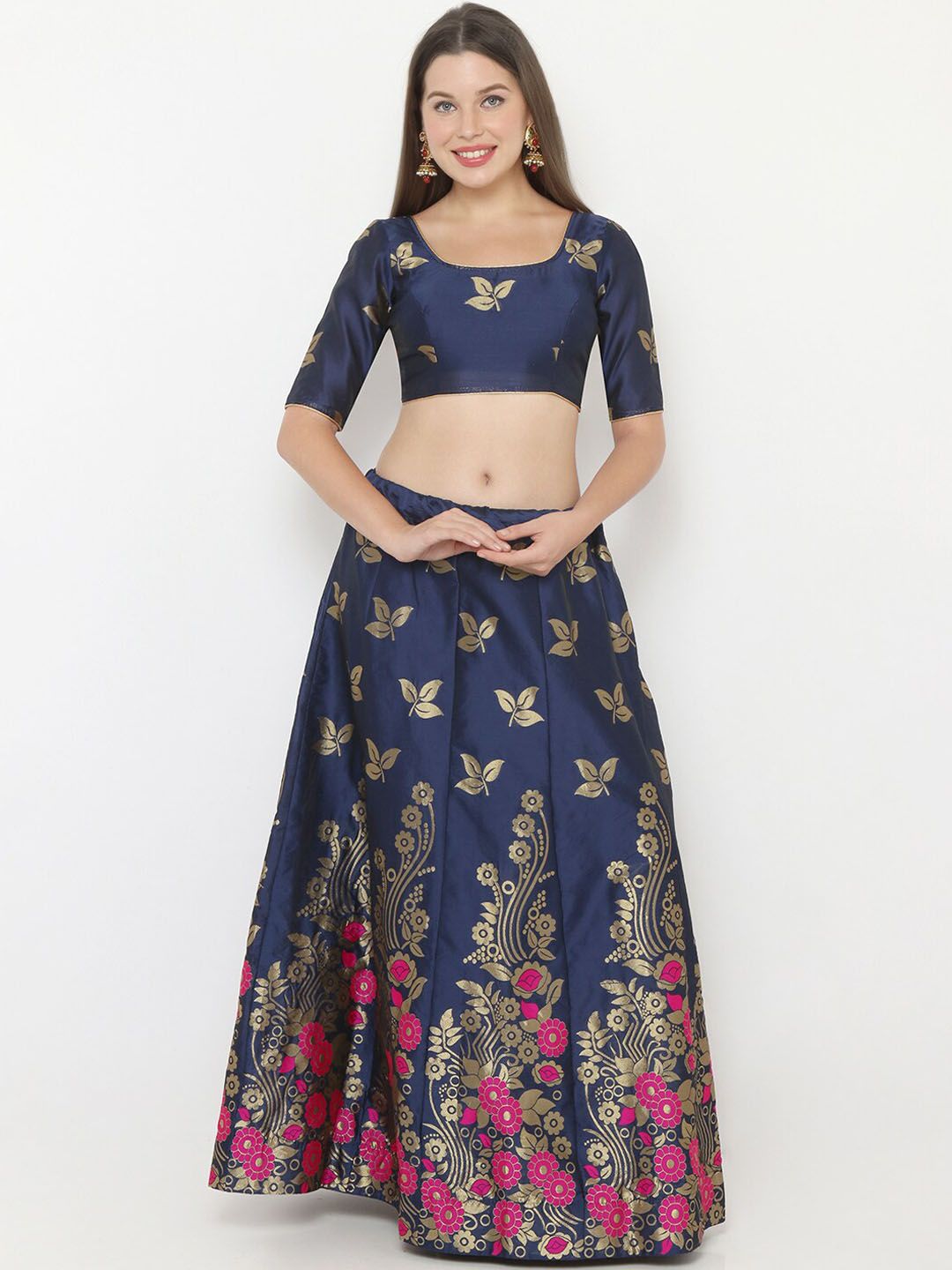 SALWAR STUDIO Women Navy Blue & Gold-Coloured Woven Design Semi-Stitched Lehenga & Unstitched Blouse