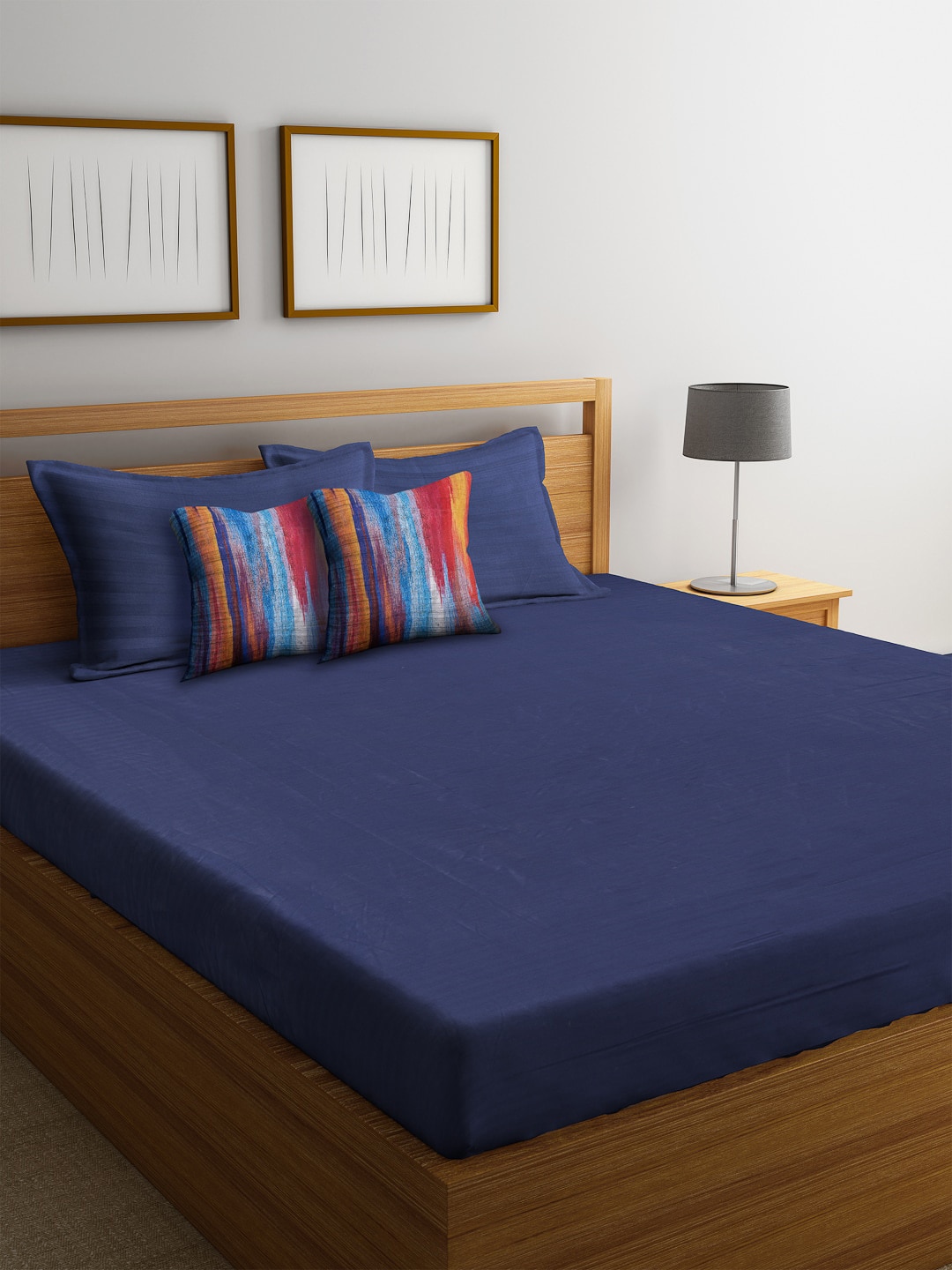 HOSTA HOMES Navy Blue Striped 300 TC Double Bedsheet with 2 Pillow Covers and 2 Cushions Price in India