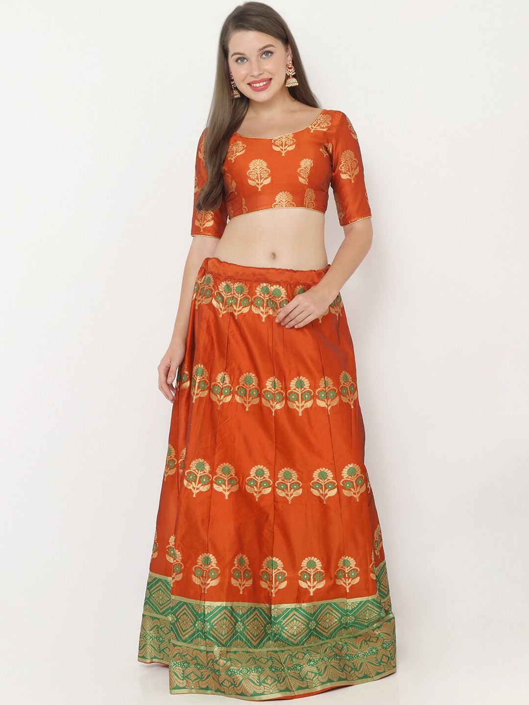SALWAR STUDIO Women Orange & Gold-Coloured Woven Design Semi-Stitched Lehenga & Unstitched Blouse