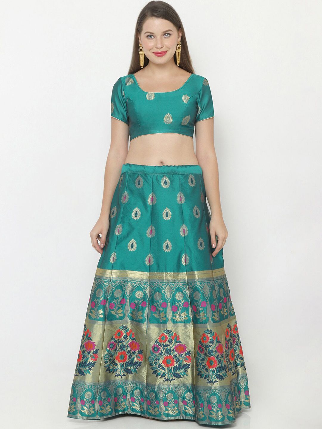 SALWAR STUDIO Women Teal Blue & Gold-Coloured Woven Design Semi-Stitched Lehenga & Unstitched Blouse Price in India