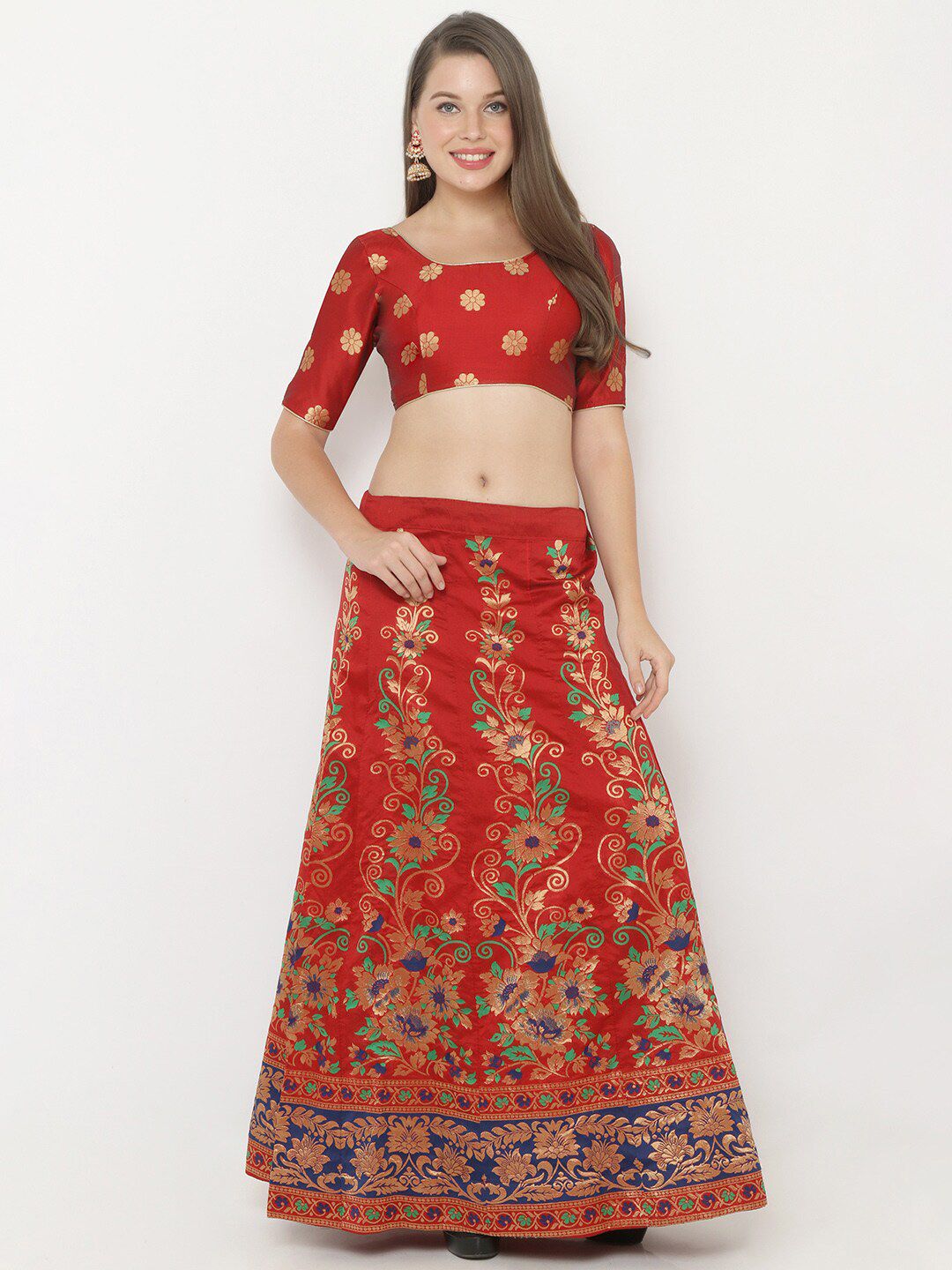 SALWAR STUDIO Women Red & Gold-Colour Woven-Design Semi-Stitched Lehenga & Unstitched Choli Price in India