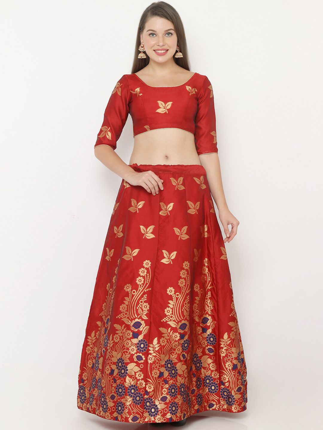 SALWAR STUDIO Women Red & Gold-Colour Woven-Design Semi-Stitched Lehenga & Unstitched Choli Price in India