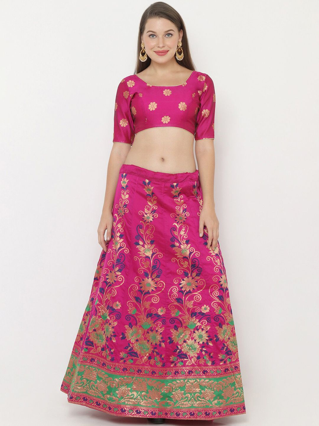 SALWAR STUDIO Women Pink & gold-Colour Woven-Design Semi-Stitched Lehenga Choli Price in India