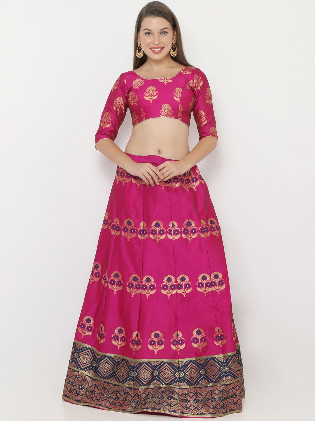 SALWAR STUDIO Women Pink & Blue Woven-Design Semi-Stitched Lehenga & Unstitched Choli