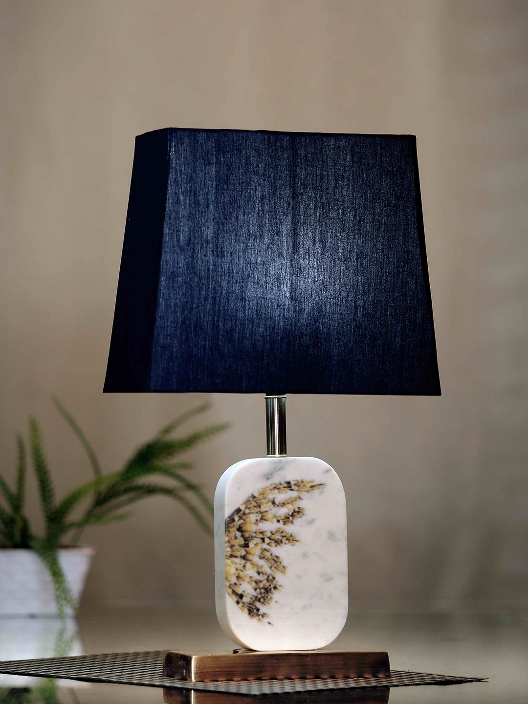 POSH-N-PLUSH Navy Blue & Cream-Coloured Solid Rectangle Winged Marble Table Lamp & Shade Price in India