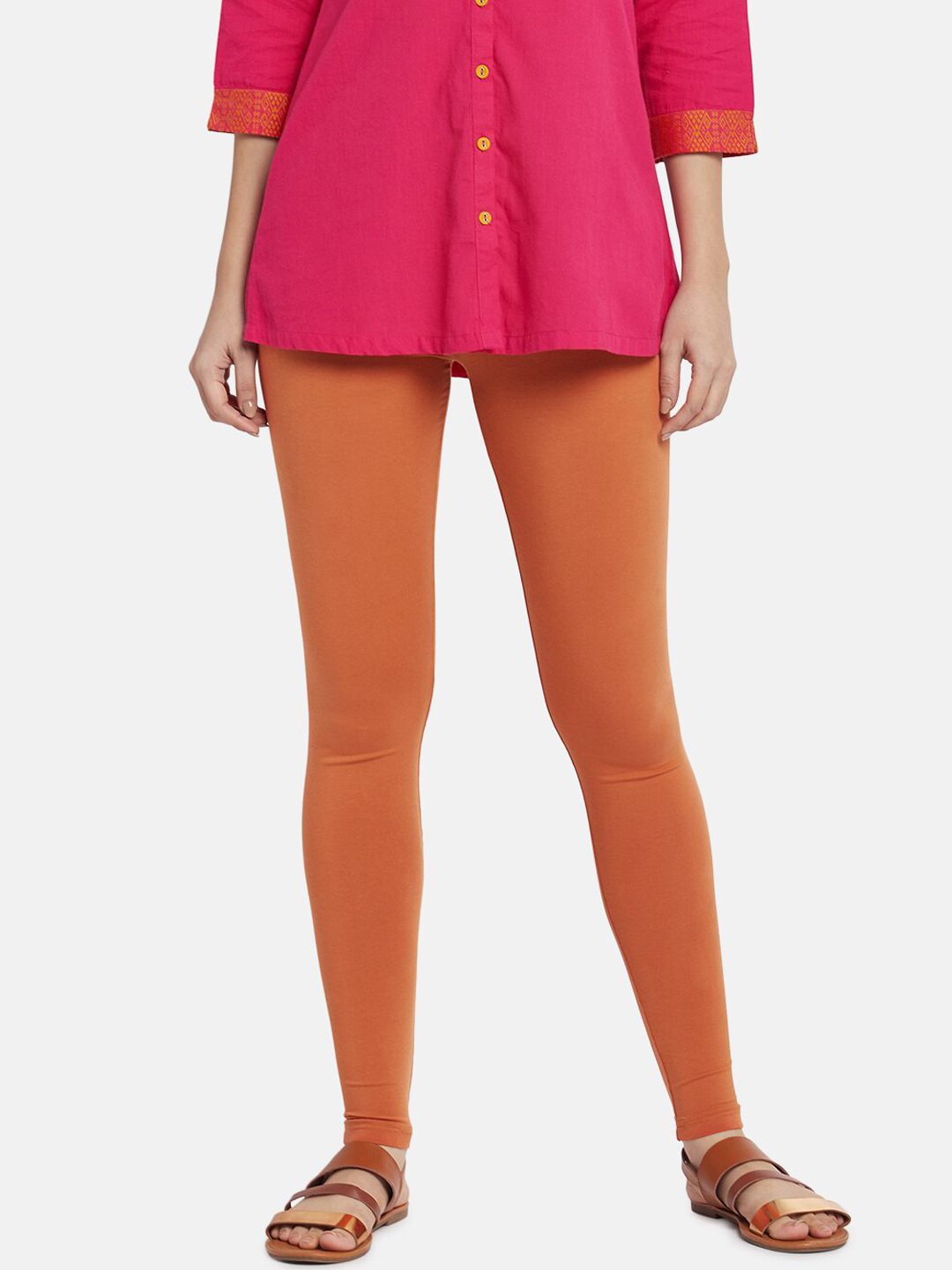 Go Colors Women Orange Solid Ankle Length Slim Fit Leggings Price in India