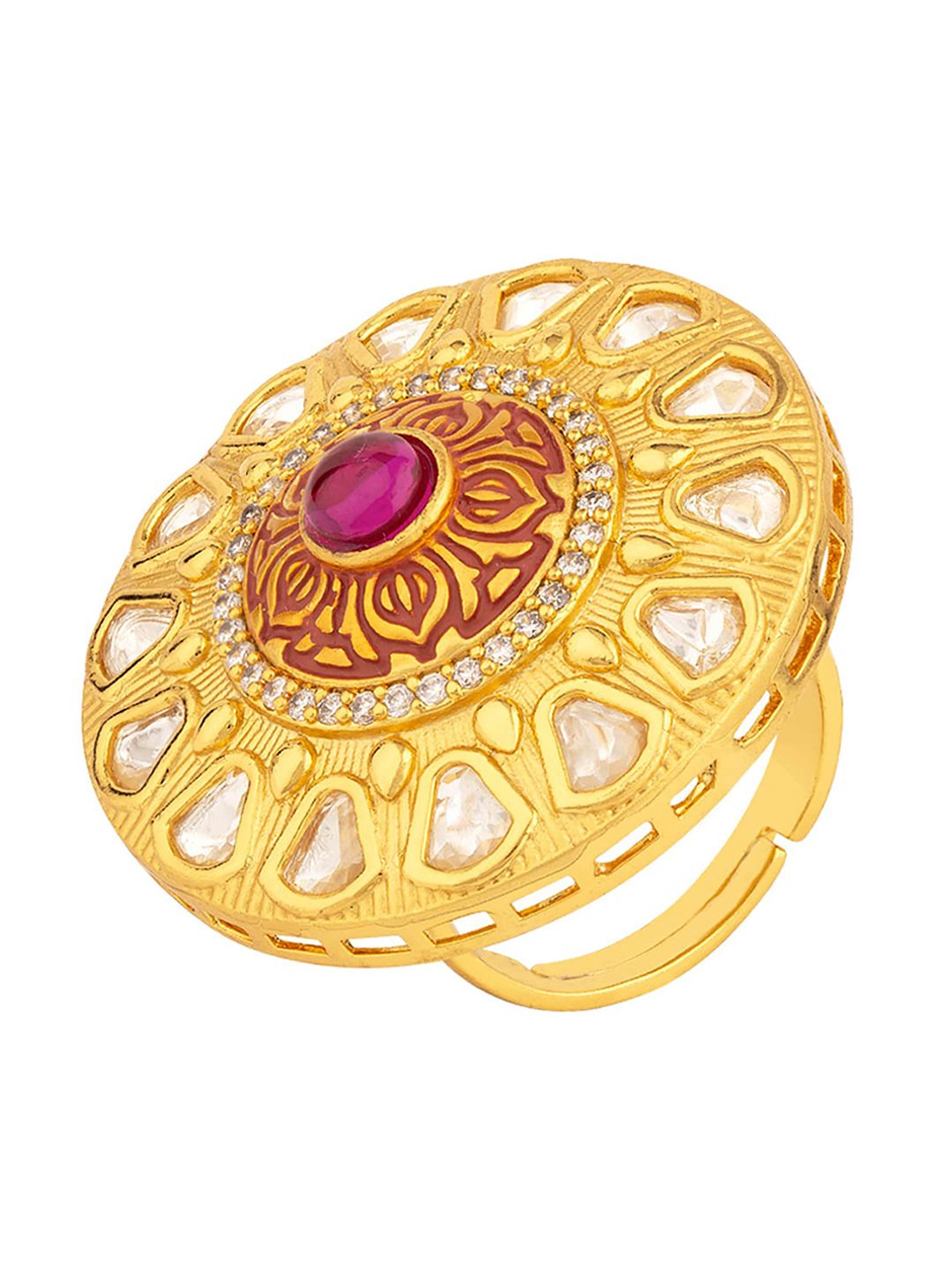 Voylla Gold-Plated White & Pink Stone-Studded Dome-Shaped Adjustable Finger Ring Price in India
