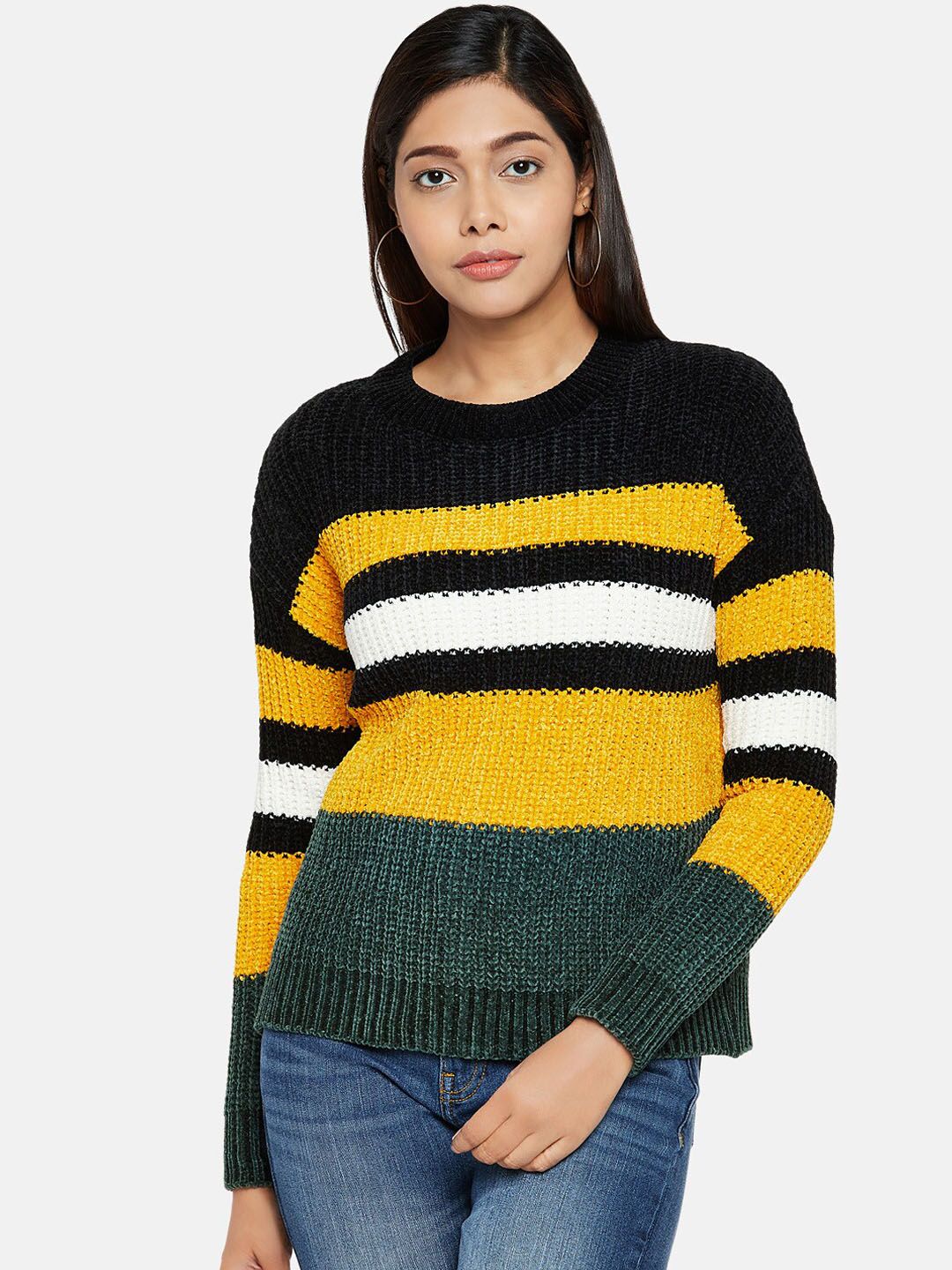 People Women Yellow & Black Striped Woollen Pullover Sweater Price in India