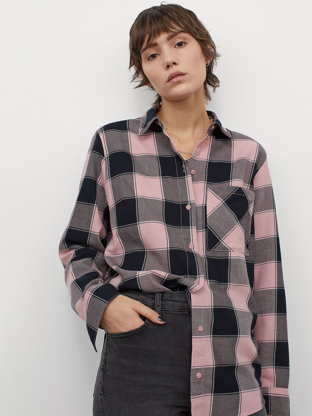 H&M Women Pink & Black Checked Cotton Shirt