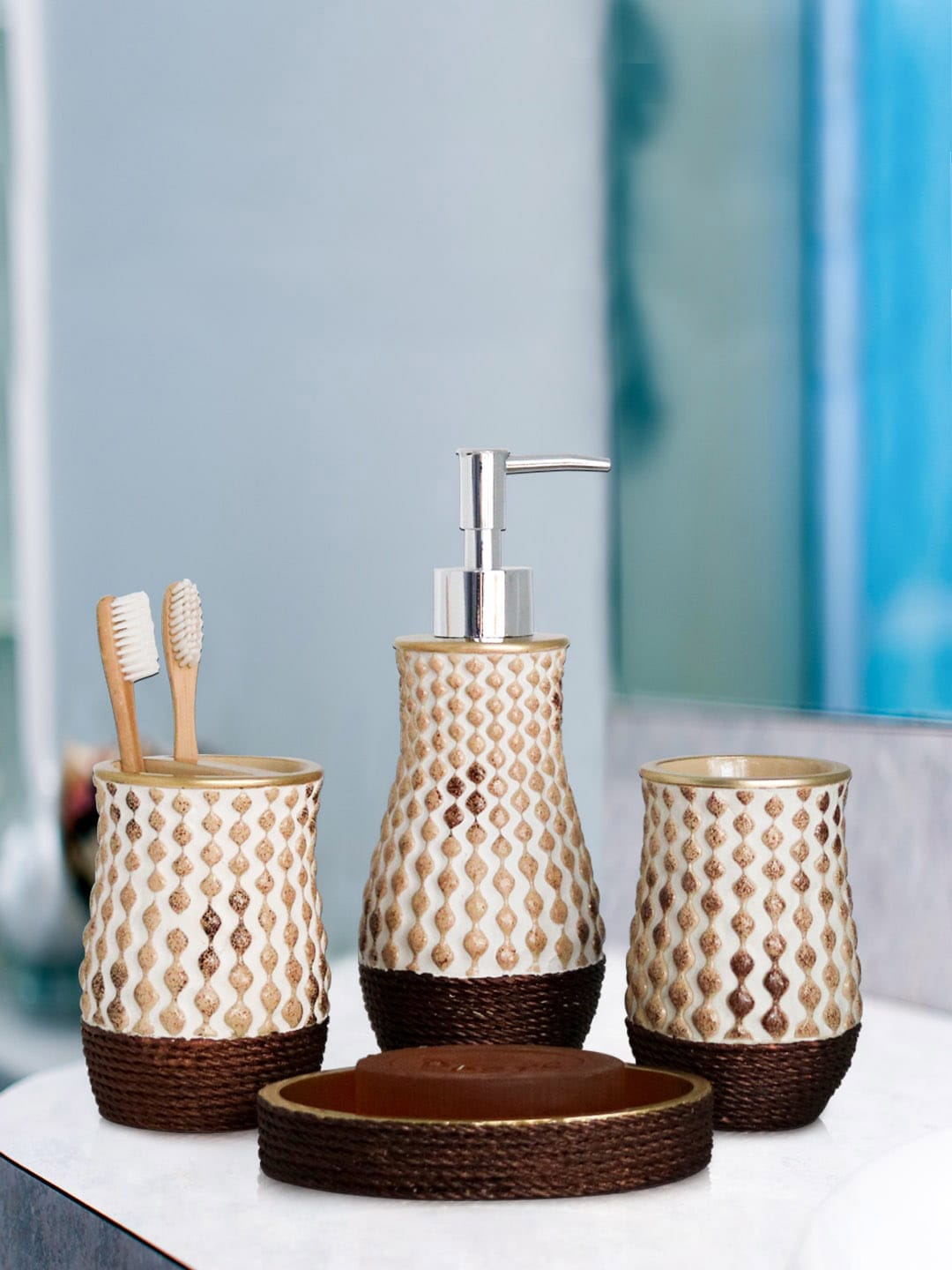 Shresmo Set of 4 Brown & Beige Textured Bath Accessories Price in India