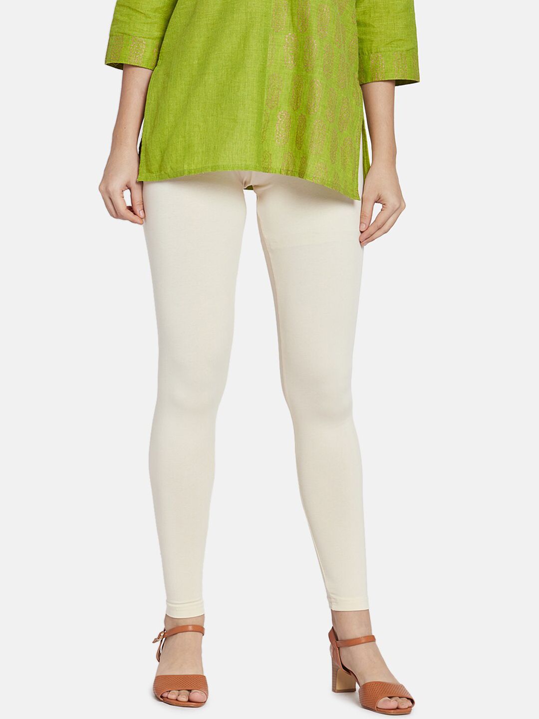 Go Colors Women Cream Coloured Solid Ankle Length Slim Fit Cotton Leggings Price in India