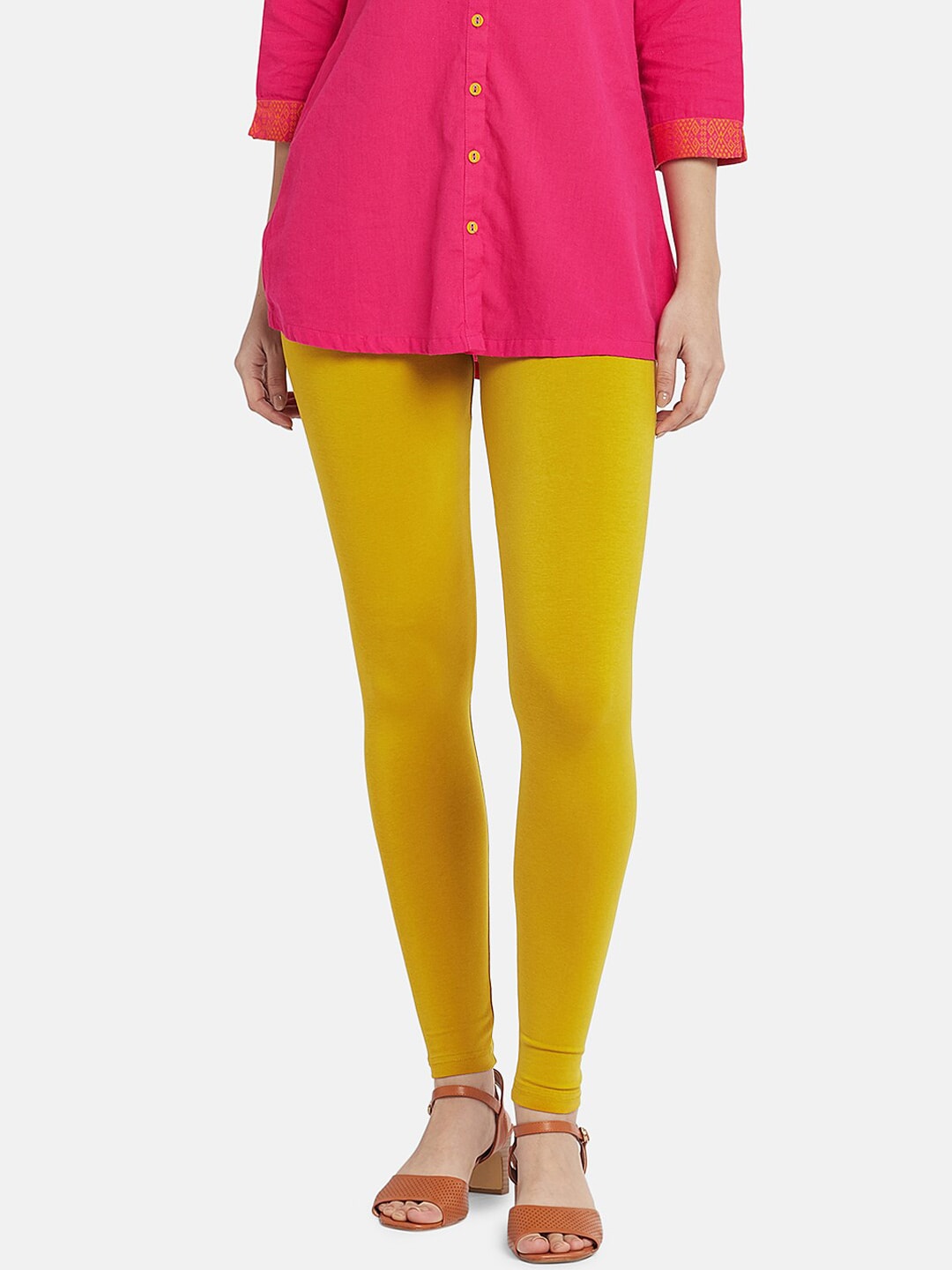 Go Colors Women Mustard Yellow Solid Ankle Length Slim Fit Leggings Price in India