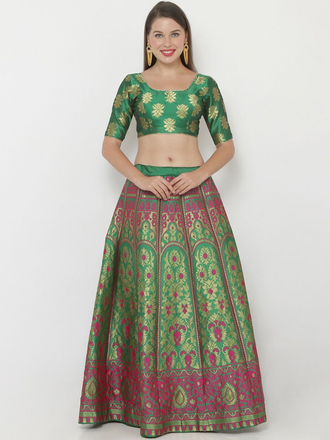 SALWAR STUDIO Women Green & Gold-Coloured Woven Design Semi-Stitched Lehenga & Unstitched Blouse