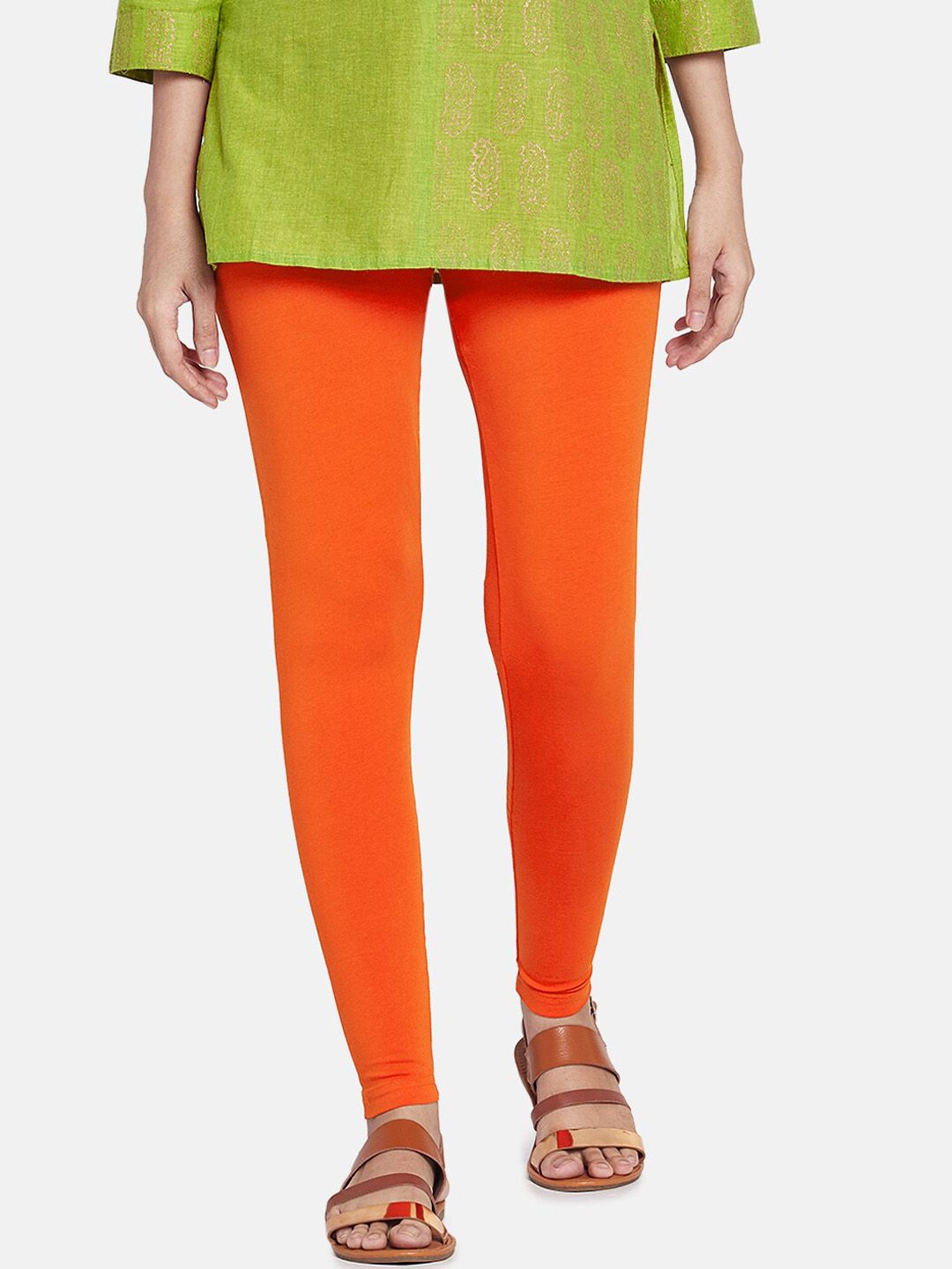 Go Colors Women Orange Solid Ankle-Length Cotton Leggings Price in India