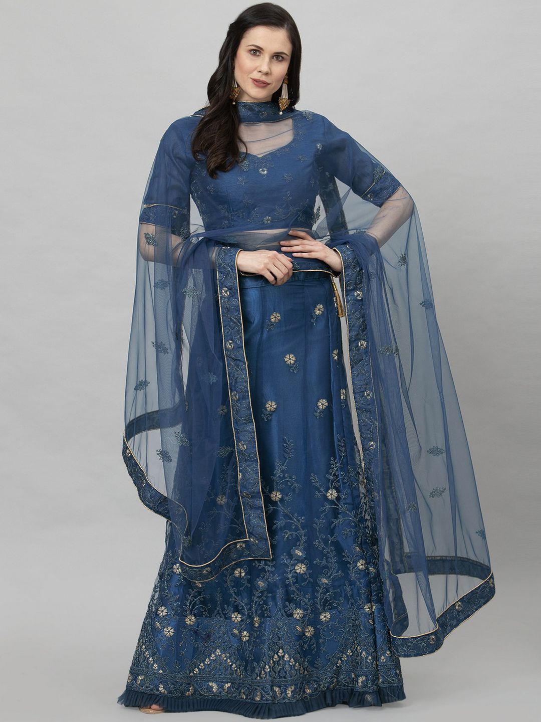 DIVASTRI Women Blue & Gold-coloured Embroidered Semi-Stitched Lehenga With UnStithced Choli And Dupatta Price in India