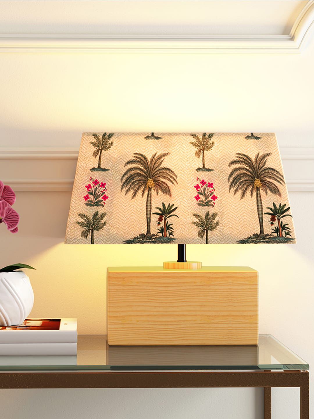India Circus by Krsnaa Mehta Cream-Coloured Chevron Palms Printed Table Lamp Price in India