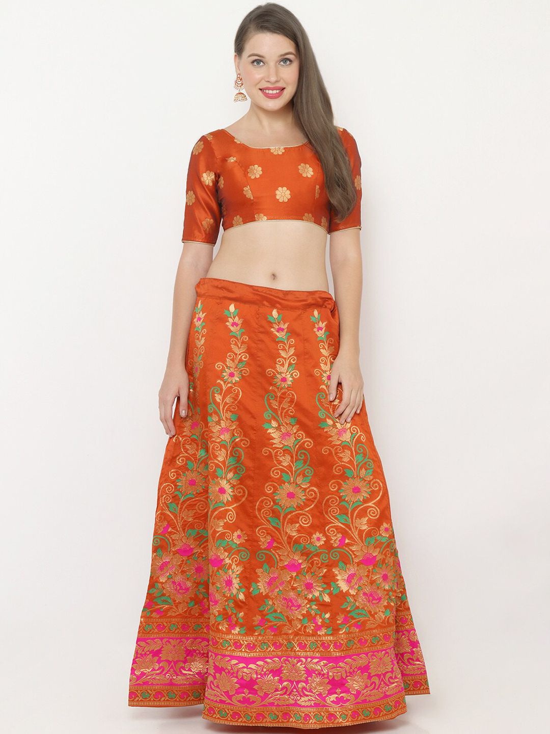 SALWAR STUDIO Women Orange & Gold Coloured Woven Design Semi Stitched Lehenga with Unstitched Choli Price in India