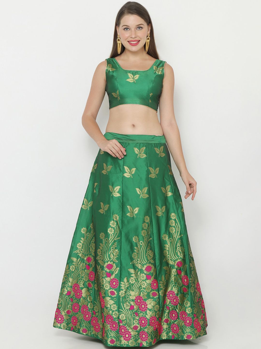 SALWAR STUDIO Women Green & Gold-Coloured Woven Design Semi-Stitched Lehenga & Unstitched Blouse Price in India