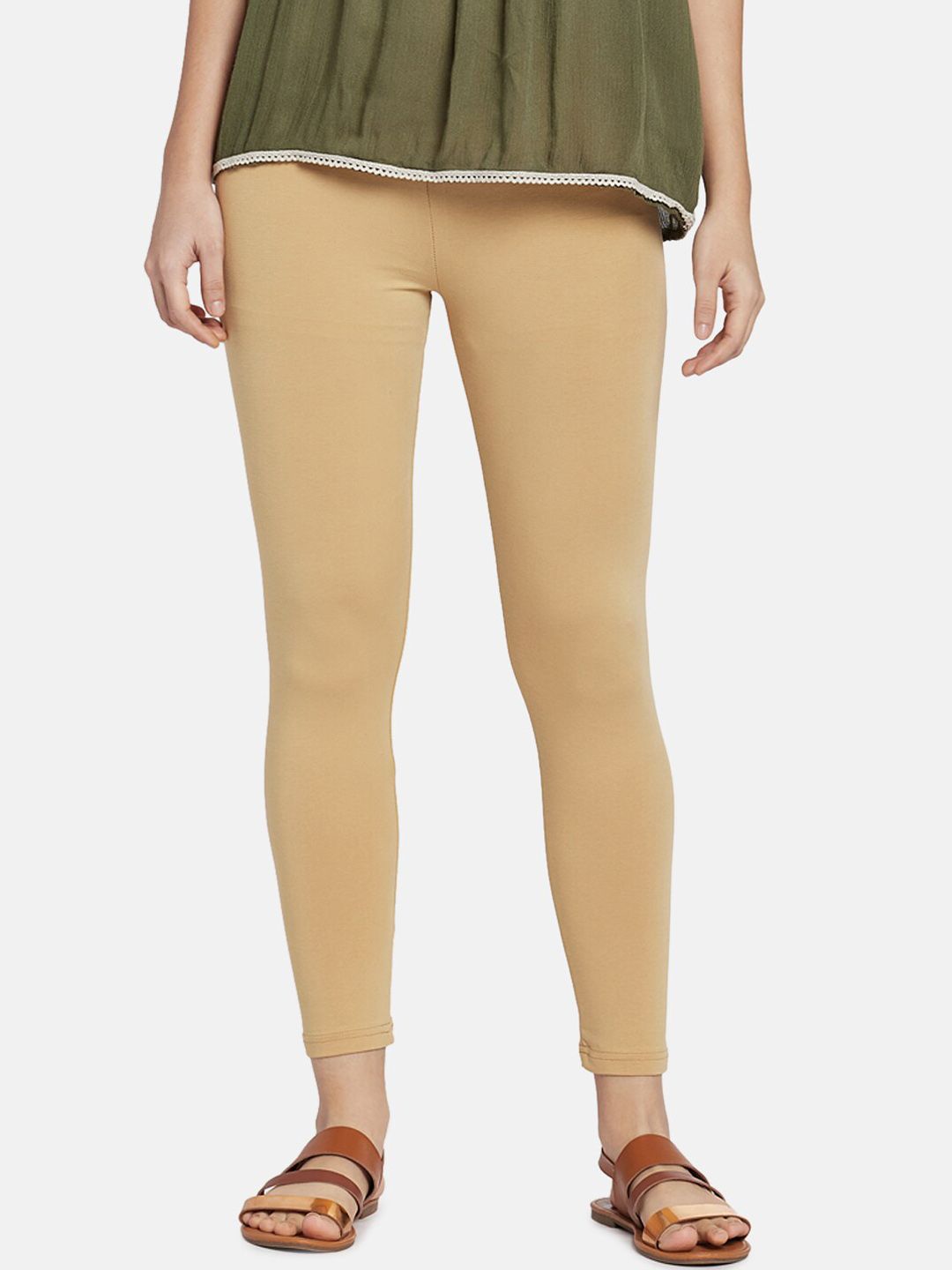 Go Colors Women Beige Solid Ankle-Length Leggings Price in India
