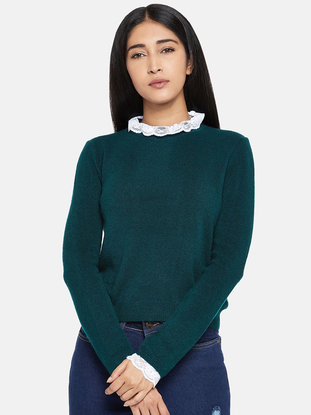 People Women Green Self Design Woolen Pullover Sweater Price in India